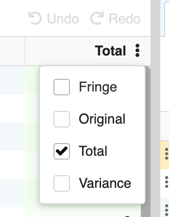 Captura de Pantalla: Selector de columna de Movie Magic Budgeting abierto en el Topsheet.