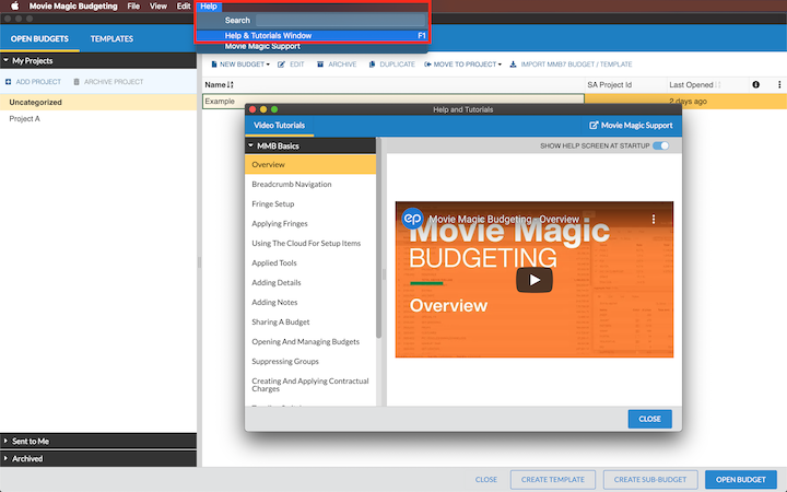 Captura de pantalla mostrando el menú Ayuda seleccionado en Movie Magic Budgeting 10 con la opción de la Ventana Ayuda y tutoriales