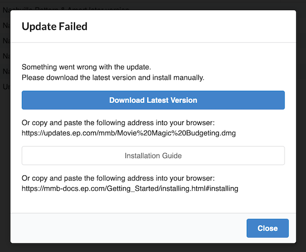 Captura de pantalla del Mensaje de error de actualización en Movie Magic Budgeting
