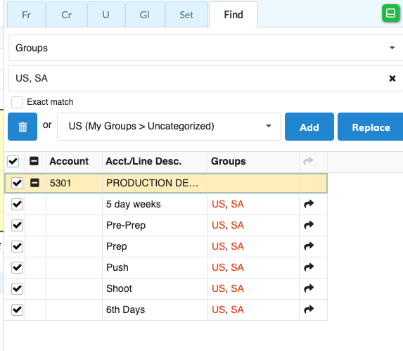Screenshot: Multi-term Groups search returning lines that carry every named group