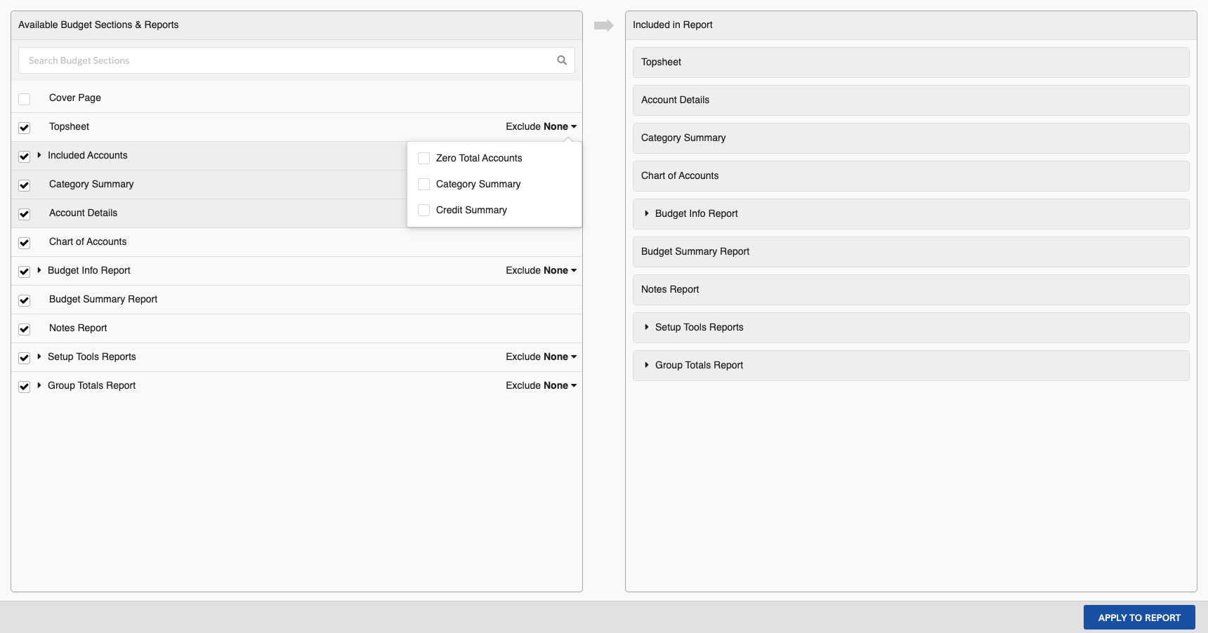 Screenshot: MMB topsheet exclusion options