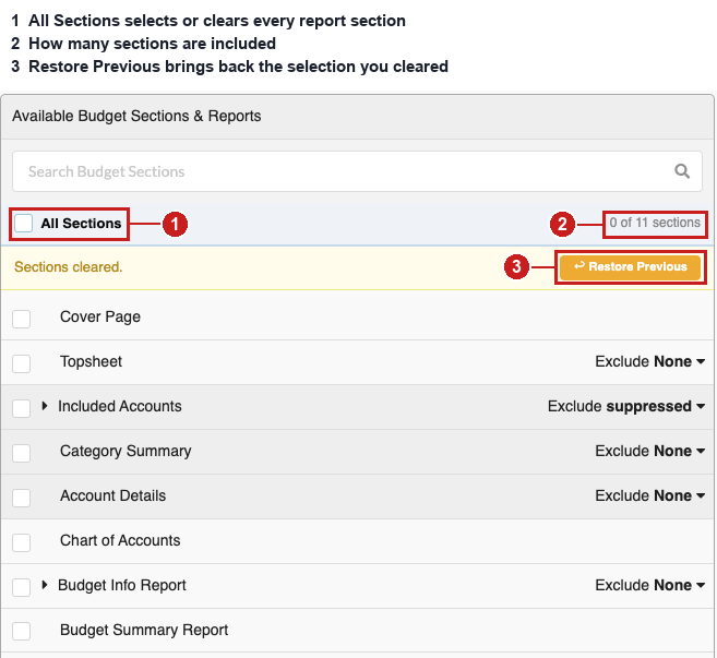 Screenshot: MMB All Sections control with Restore Previous