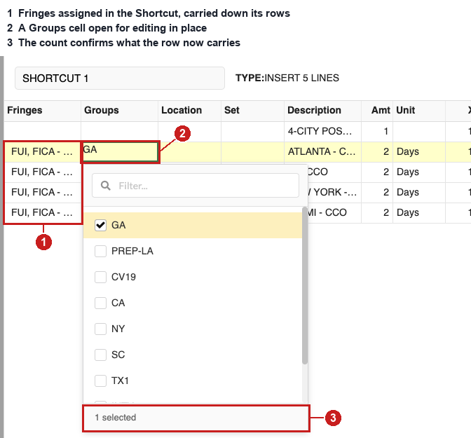 Screenshot: MMB Shortcut detail view with a Groups cell open for editing