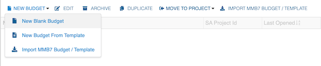 A screenshot of the New Budget drop-down menu with "New Blank Budget" selected.